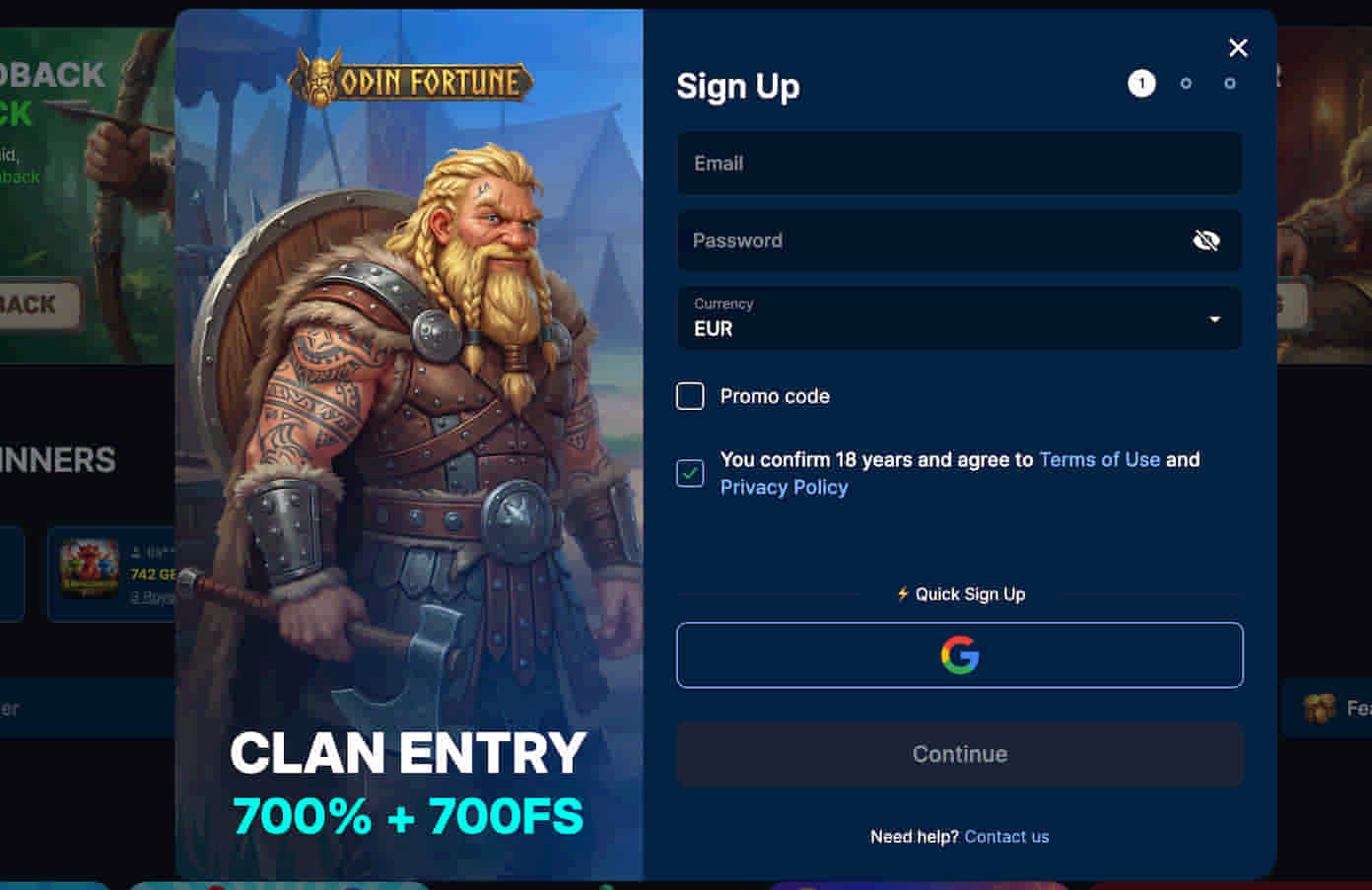 Odin Fortune Casino registration page — create your OdinFortune account